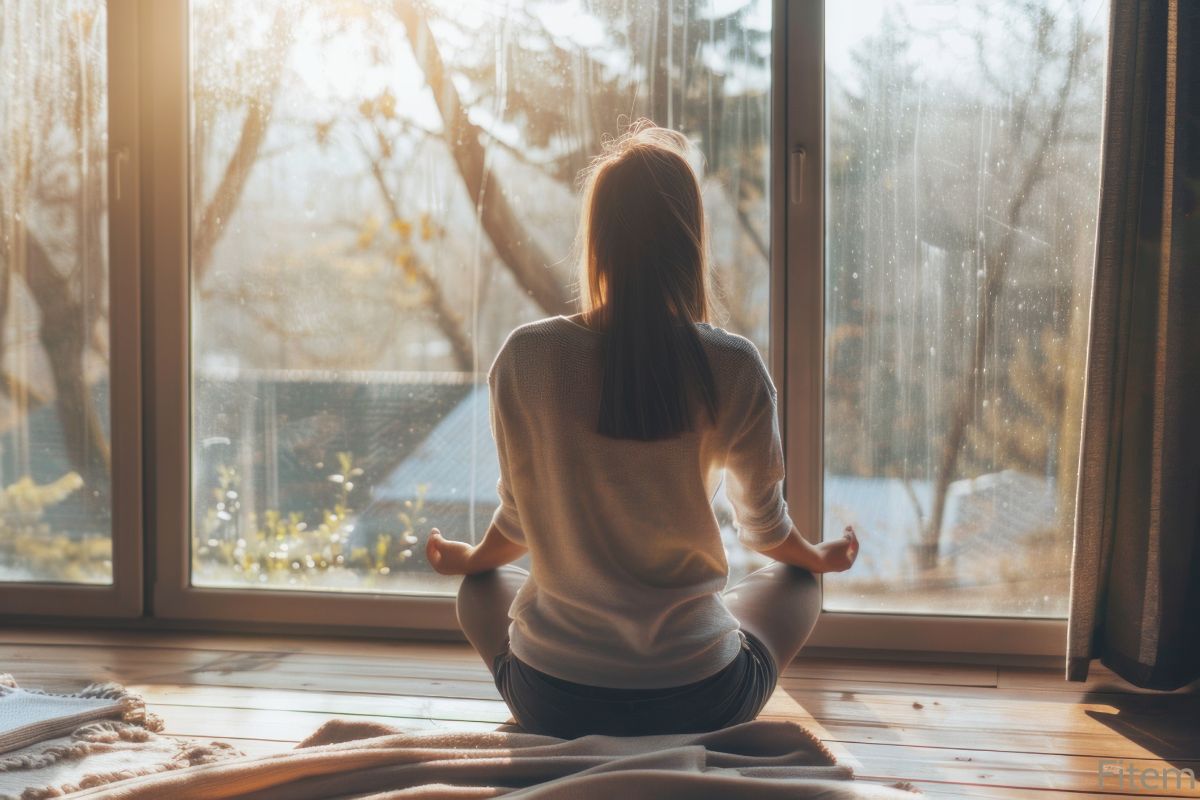 Femme en train de faire du sport le matin au réveil, elle est en tailleur en train de faire du yoga
